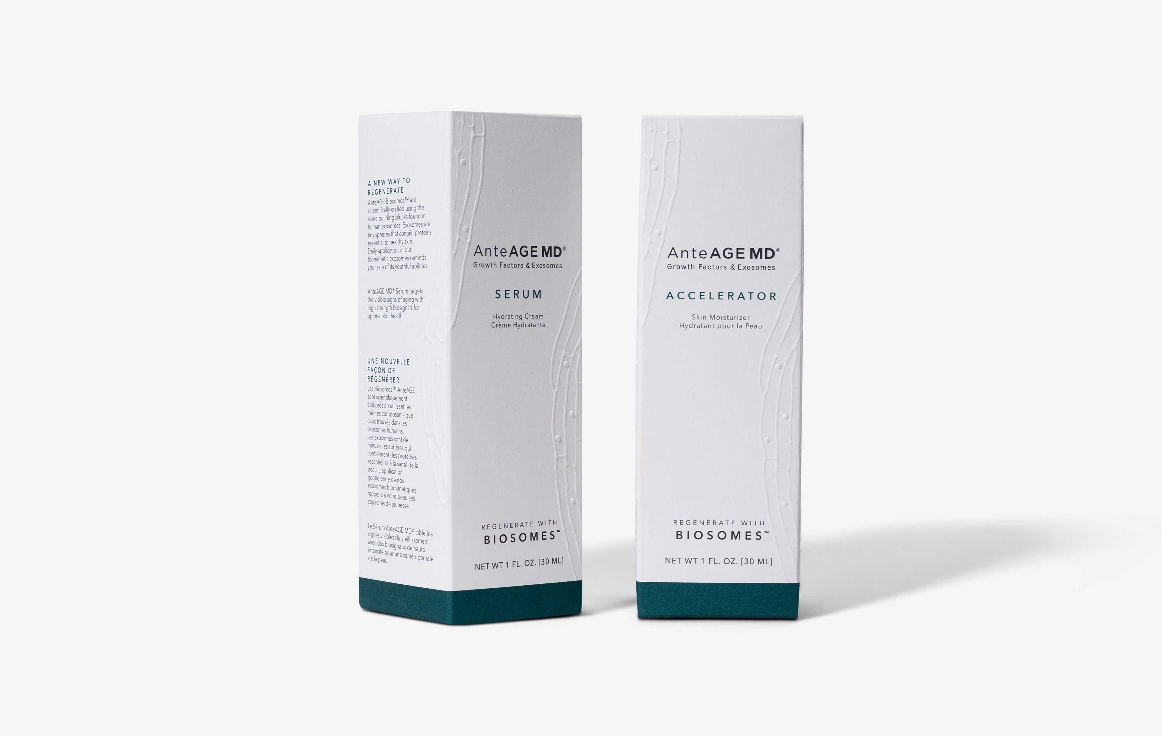AnteAGE MD Serum and Accelerator boxes shown side by side with packaging detail