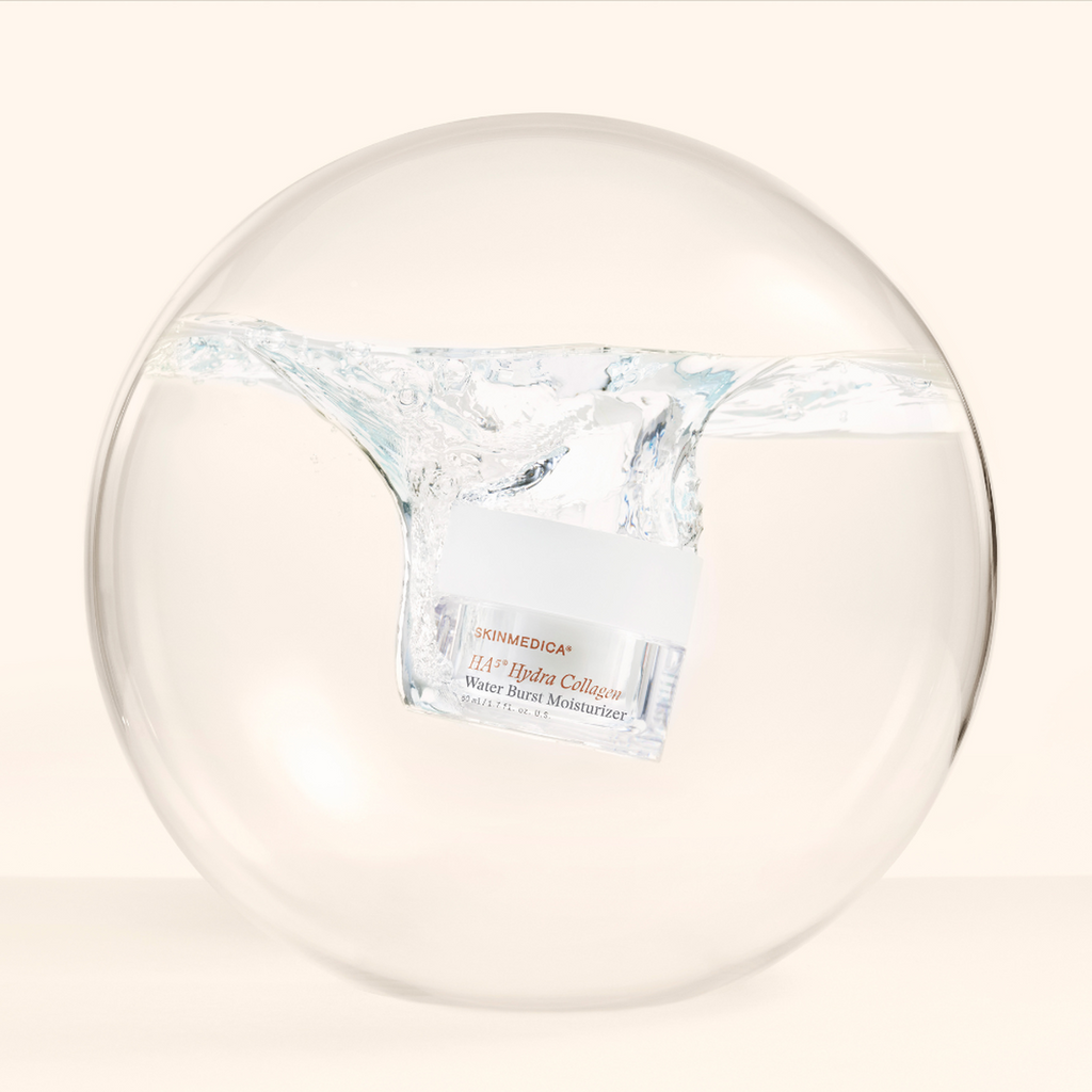 SkinMedica HA5 Hydra Collagen Water Burst Moisturizer lifestyle shot showing the jar in a styled setting