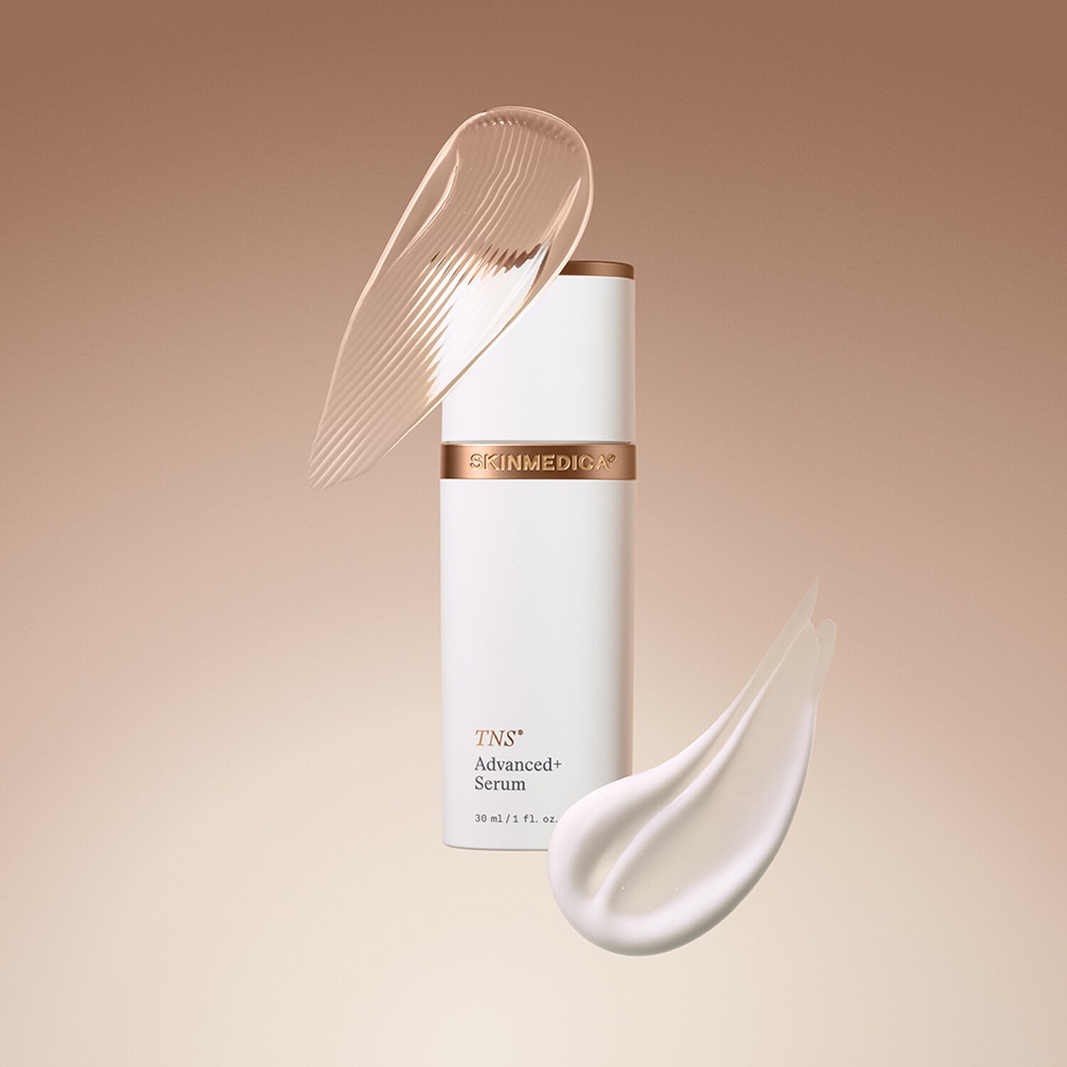 SkinMedica TNS Advanced+ Serum lifestyle shot showing the two-chamber bottle in a styled setting