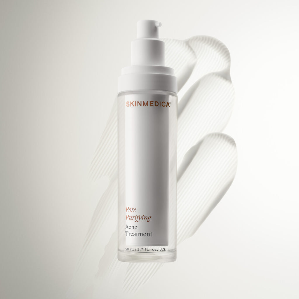 SkinMedica Pore Purifying Acne Treatment lifestyle shot showing the bottle in a styled setting