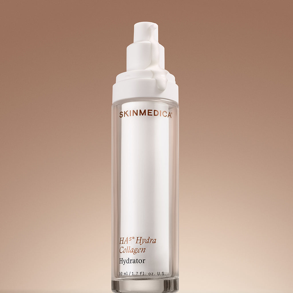 SkinMedica HA5 Hydra Collagen Hydrator with Vegan Collagen lifestyle shot showing the bottle in a styled setting