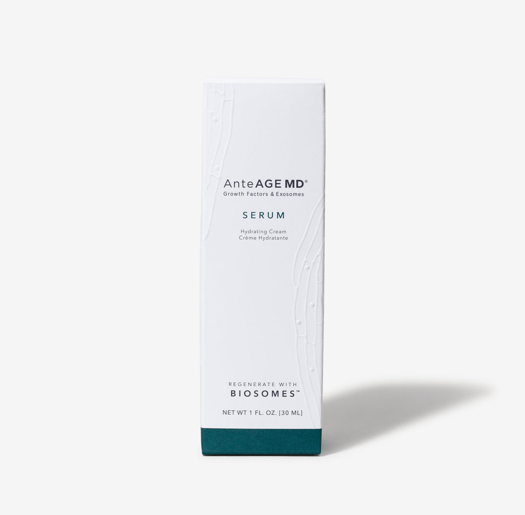 AnteAGE MD Serum box, front view, showing Step 1 designation and Biosomes branding