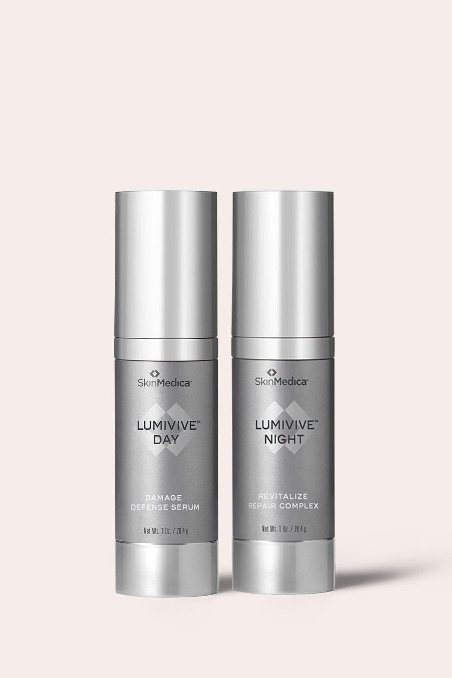 SkinMedica LUMIVIVE System Day and Night dual bottles 1 oz each, official product photo on white background