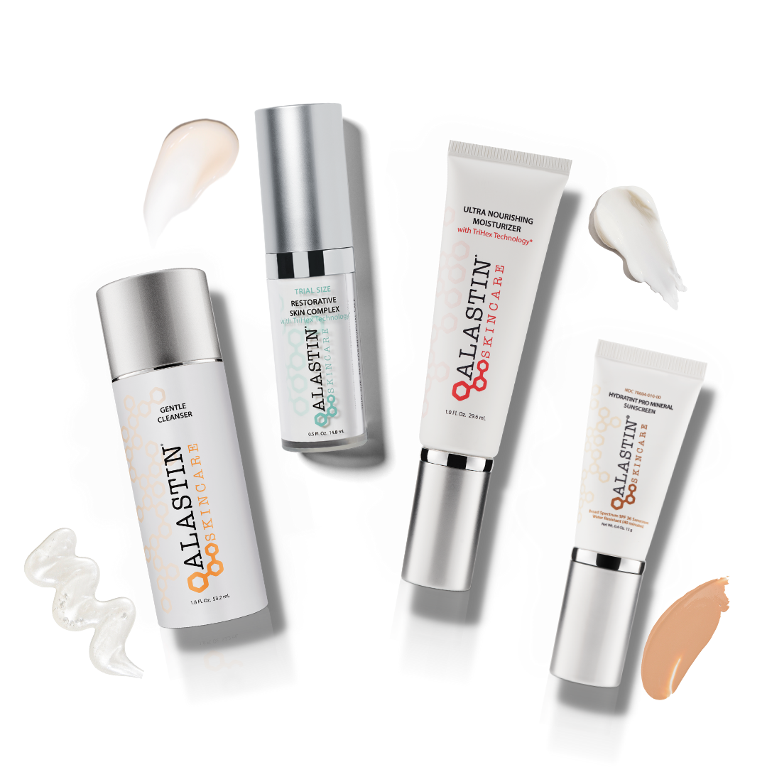 ALASTIN Daily Beauty Regimen Kit contents — Travel-size Gentle Cleanser, Restorative Skin Complex, Ultra Nourishing Moisturizer, and HydraTint Pro Mineral Sunscreen