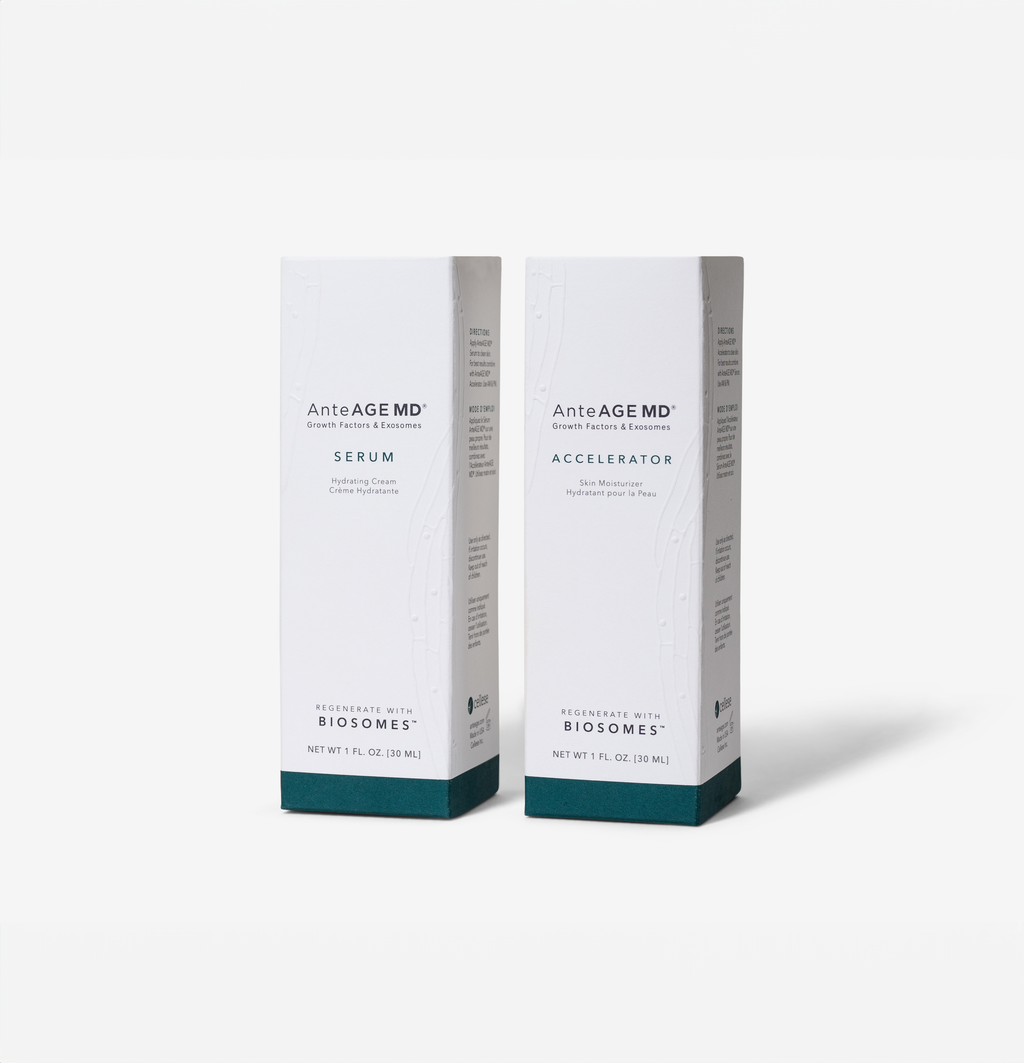 AnteAGE MD Serum and Accelerator boxes front-facing on a clean white background