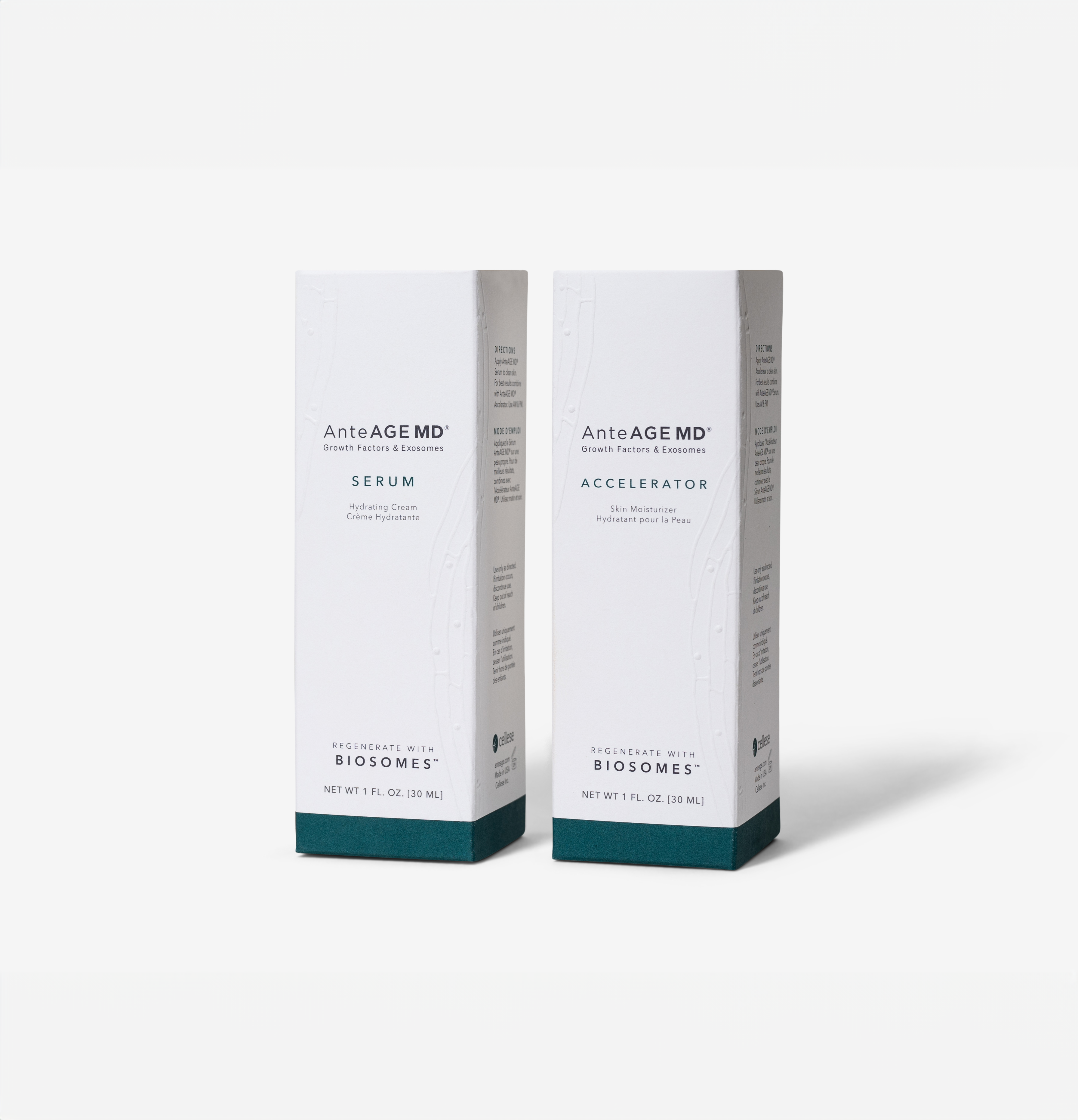 AnteAGE MD Serum and Accelerator boxes front-facing on a clean white background